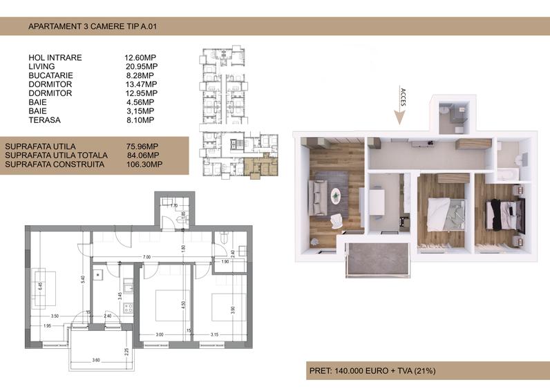 Apartament 3 camere Drumul Cooperativei, Bucuresti (140.000€ +TVA)