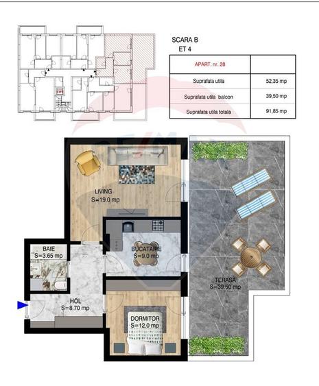 Vânzare Apartament 2 camere cu terasă de 39,50 mp