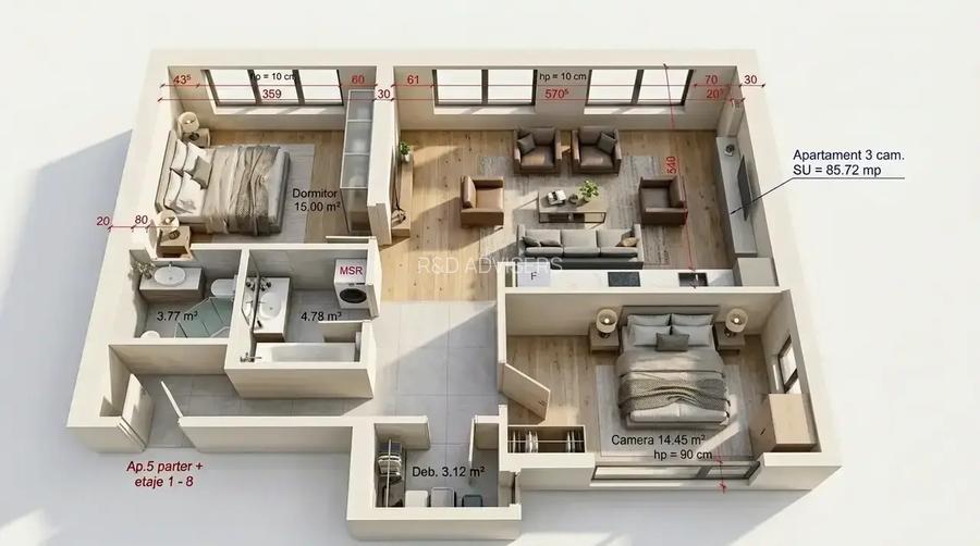 3 Camere Premium | 80mp | 2 Băi | Finisaje la Alegere - 2