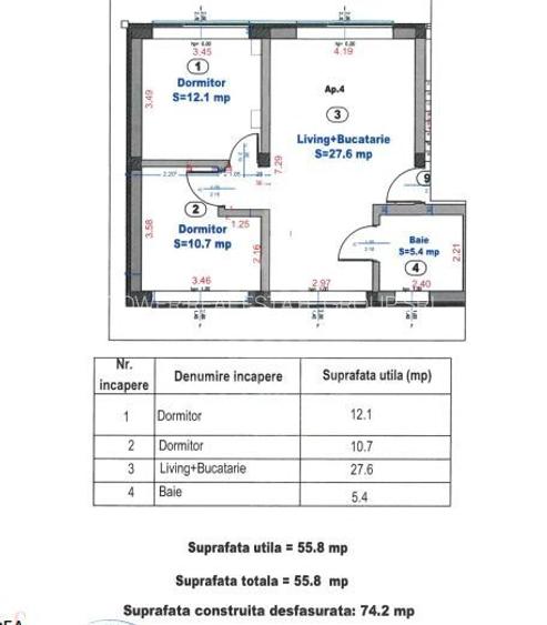 Apartament modern cu 3 camere, etaj 1, semimobilat – 55,8 mp utili - 8