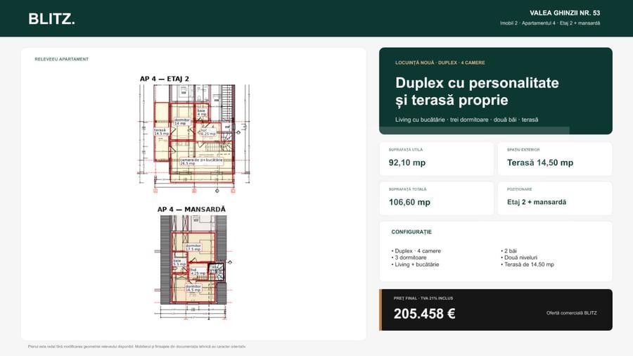 Apartament cu scara interioara cu 4 camere și terasă, 106,60 mp