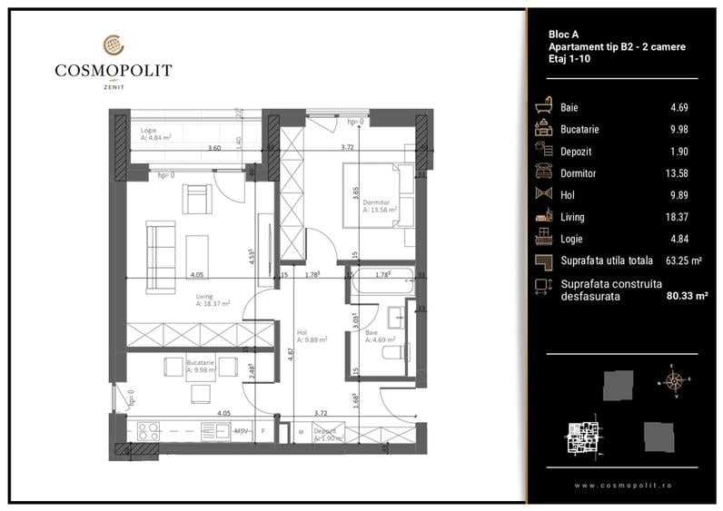 Apartament 2 Camere – ZENIT Bloc A | Etaj 4