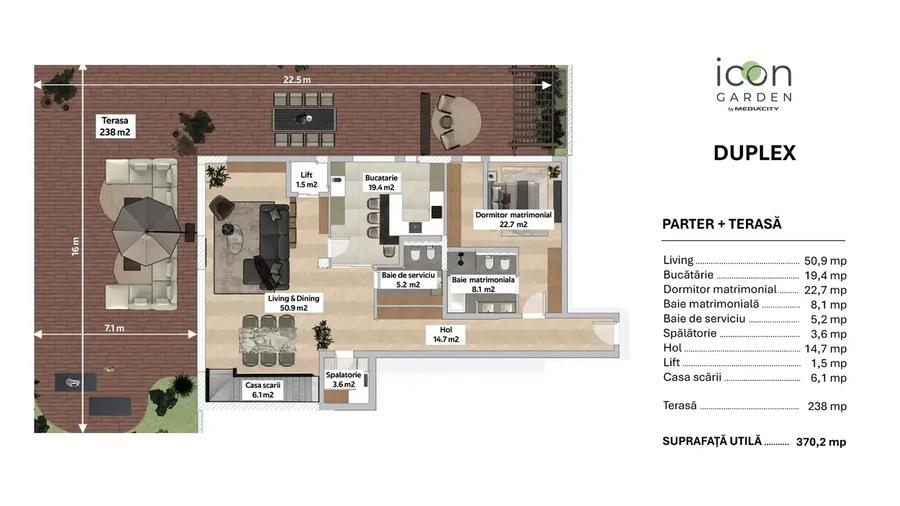 Duplex cu 6 camere + grădină de 320 mp + terasă de 238 mp