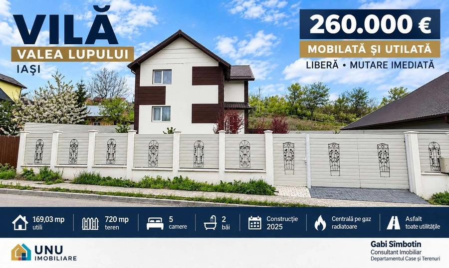 Vilă Valea Lupului, 169 mp utili, 720 mp teren, 5 camere, construcție 2025, mobilată si utilata