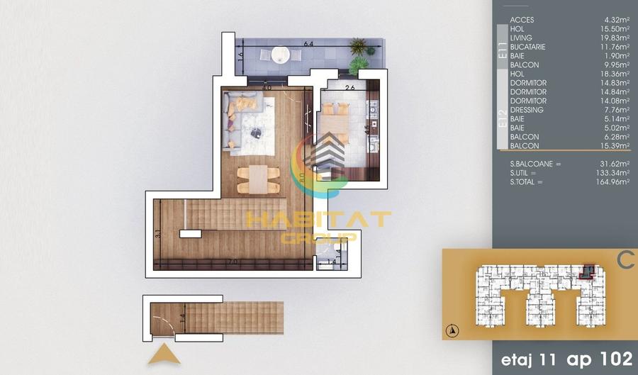 Pallady 4 camere tip duplex 165 mp la 8 minute metrou Teclu