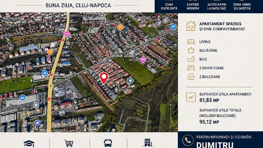 CLUJ - BUNA ZIUA, Apartament cu 3 camere - 95 mp - etaj 3