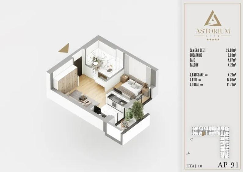 Garsonieră Astorium Life | 37,50 mp utili + balcon | Bloc C | Comision 0%
