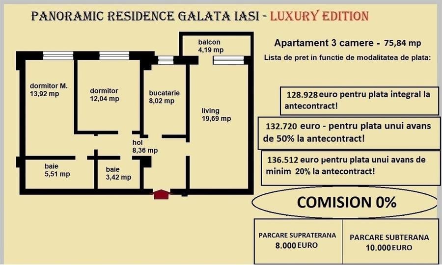 Apartament 3 camere de vanzare in Iasi, Galata, 75,84 mp, bloc nou
