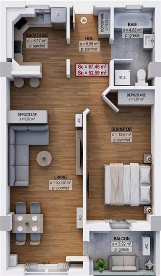 Comision 0! Apartament 2 camere | 52.59 mp | Etaj 2 | incalzire pardoseala | 2c-