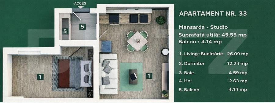 Apartament 2 camere, living cu bucătărie open space, balcon –45 mp utili