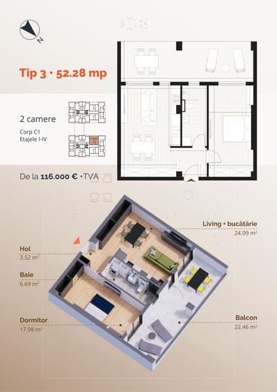 Twin Residence – ansamblu finalizat, mutare imediată - 2 camere TIP 3