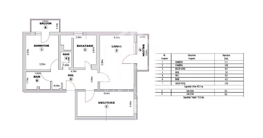 Apartamet cu 3 camere, decomandat, 66mp utili+2 balcoane, Turnisor - 1