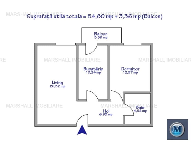 Apartament 2 camere de vanzare, zona Nord, 54.80 mp #16455