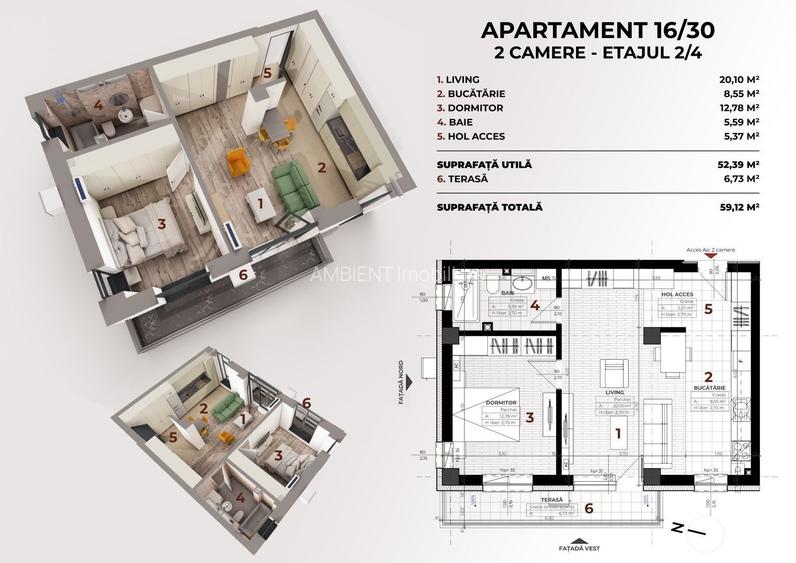 APARTAMENT cu 2 camere, 59 mp, ETAJ 2, Complex TUDOR VLAD RESIDENCE; - 2
