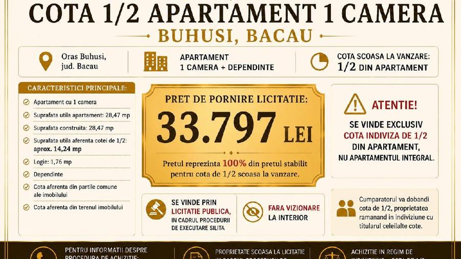 Cota 1/2 Apartament 1 camera, 28 mp | Buhusi, Bacau