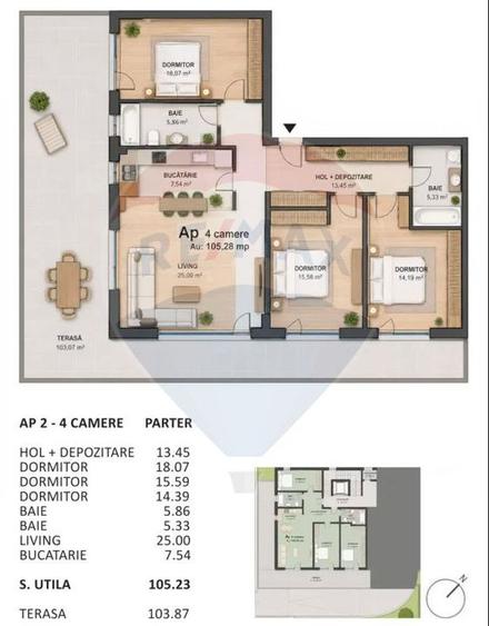 Apartament cu 4 camere (terasa 104 mp) de vânzare - zona semicentrală