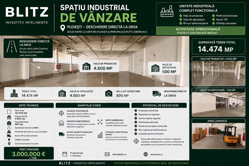 Hala de productie, spatii depozitare, parcare, cladire cu birouri, teren 14474mp