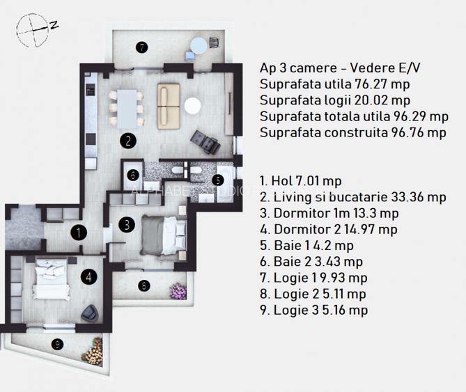 Apartament 3 camere, 97 MP, 2 BAI, 0% Comision, Doamna Ghica - H35 - 2