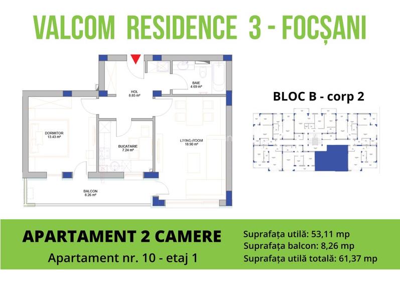 Apartament 2 camere-Str Cuza Voda-S=63.44 mp-et 1 - 2