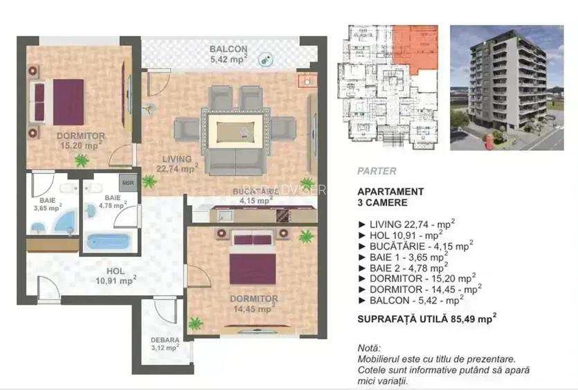 Apartament 3 camere 85,49mp  | Bloc nou | zona 13 Septembrie I - 11