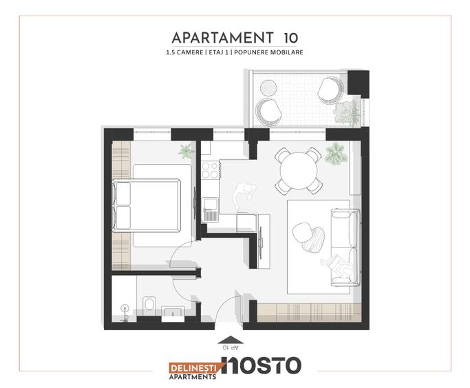 Apartament de vânzare | 1,5 camere + balcon, compartimentare practică |