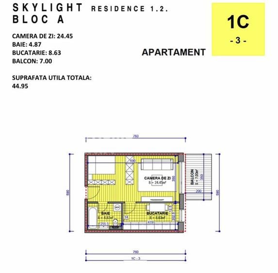 SkyLight Residence | Studio – Etaj 5/17 – 48.84 mp total – Balcon 6.12 mp - 2