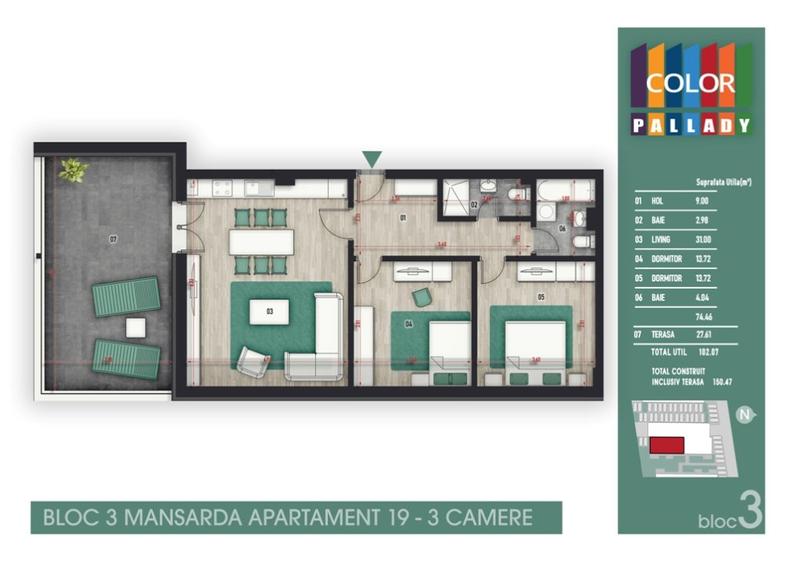Apartament 3 cam.FINALIZAT+TERASA - Color Pallady , metrou 900 m