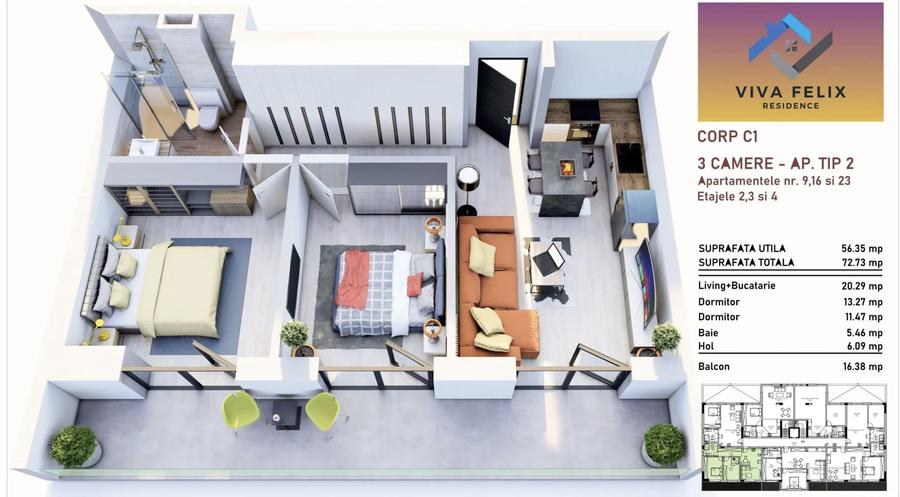 3 camere, finisat, parcare inclusa, VIVA FELIX RESIDENCE