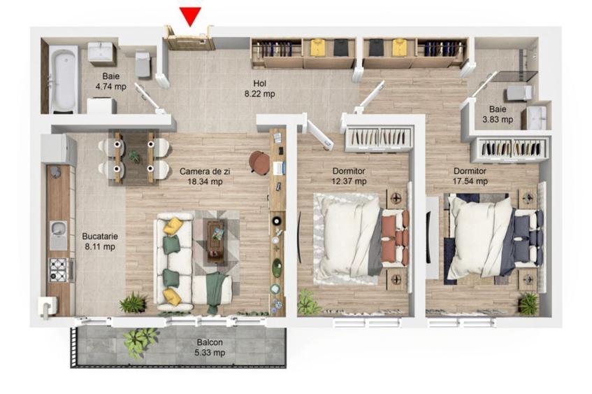 3 Camere, Modern, complet finisat + terasă