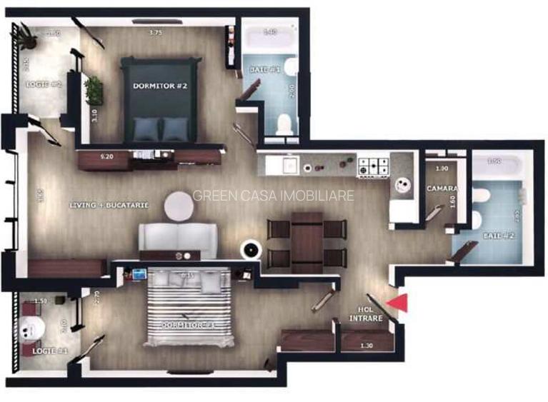 Apartament 3 camere, 2 bai, 69,1mp, logii 6,7mp,  zona Vivo, Floresti - 2