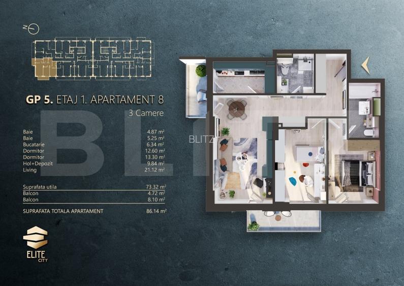 Ap. 3 camere[73 mp] Ansamblu Rezidential_zona RIVUS - 2