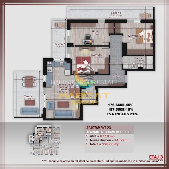 Pallady 4 camere 87 mp + terasa 42 mp in bloc tip Boutique - 2