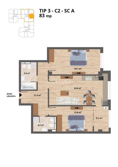 Proiect NOU -- Sun Residence -- Apartament 3 camere - TIP 3 - 83 Mp - 2