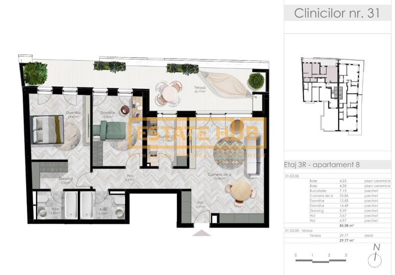 3 camere Clinicilor | terasa 30 mp| vedere spre Parcul Central | Comision 0% - 3