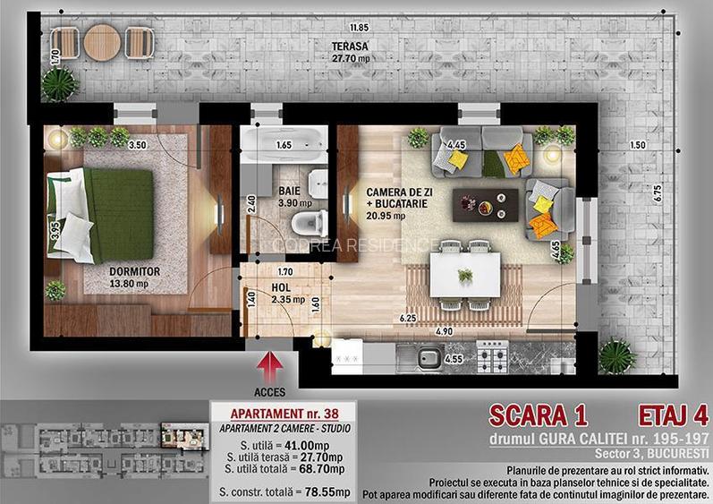 Apartament 2 camere studio spatios Finalizat lift incalzire pardoseala - 2
