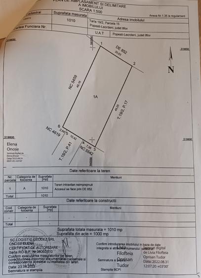 Teren intravilan 1.000 mp, deschidere 20 - Viilor, Zona case POPESTI