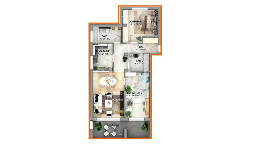 Ap. la CHEIE cu 3 camere, 75.71 mp utili,balcon 12.84 mp|zona Cristian