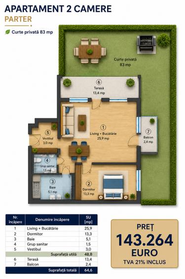 Apartament 2 camere cu gradina Otopeni, bloc arhitectura unica