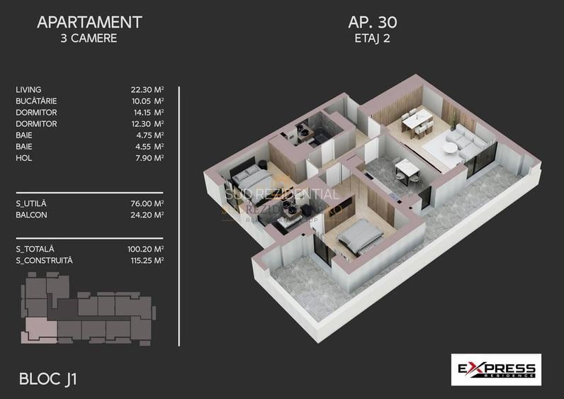 Apartament nou, decomandat, 3 camere, balcon 24 mp, zona Metalurgiei - 9