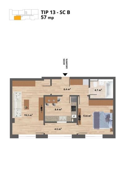 Proiect NOU -- Sun Residence -- Apartament 2 camere - TIP 13 - 57 Mp