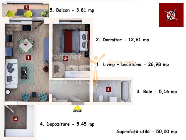 Studio 50 mp, etaj intermediar, cu balcon si loc de parcare, situat in Subcetate - 8