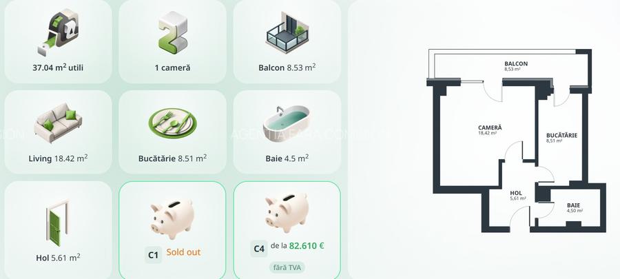 Apartament 1Cam, 78.640 euro+TVA, 41,6mp - 12