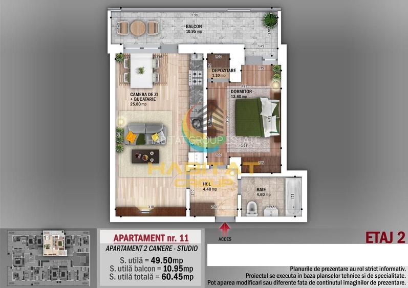 N. Grigorescu 2 camere semidecomandat 51 mp + terasa 10 mp - 2