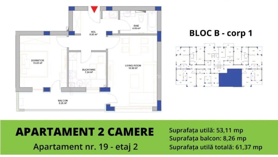 Apartament 2 camere - bloc nou - etaj 2 - 2