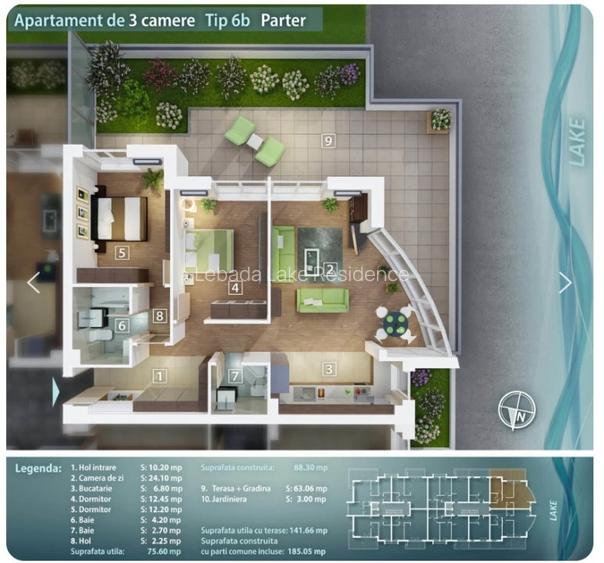 Apartament 3 camere cu gradina de 41 mp si vedere lac- Lebada Lake Residence - 1