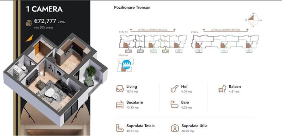 Apartament 1 camera,42.55 mp,bloc nou,zona Nicolina Selgros - 4