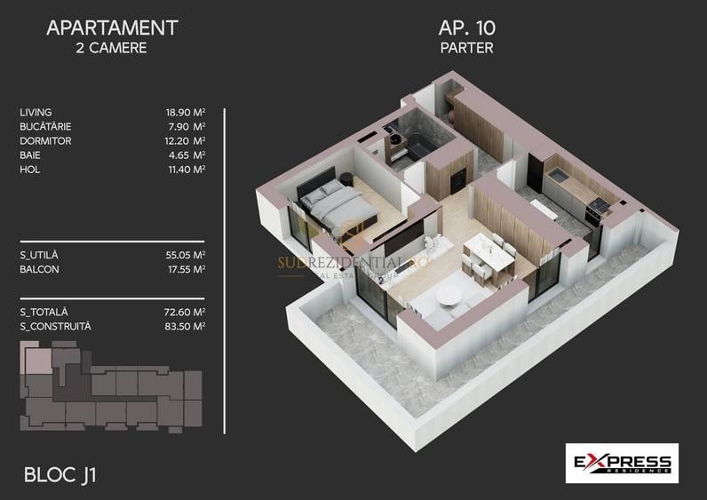 Apartament nou cu 2 camere, decomandat, 72.6 mp, Drumul Binelui
