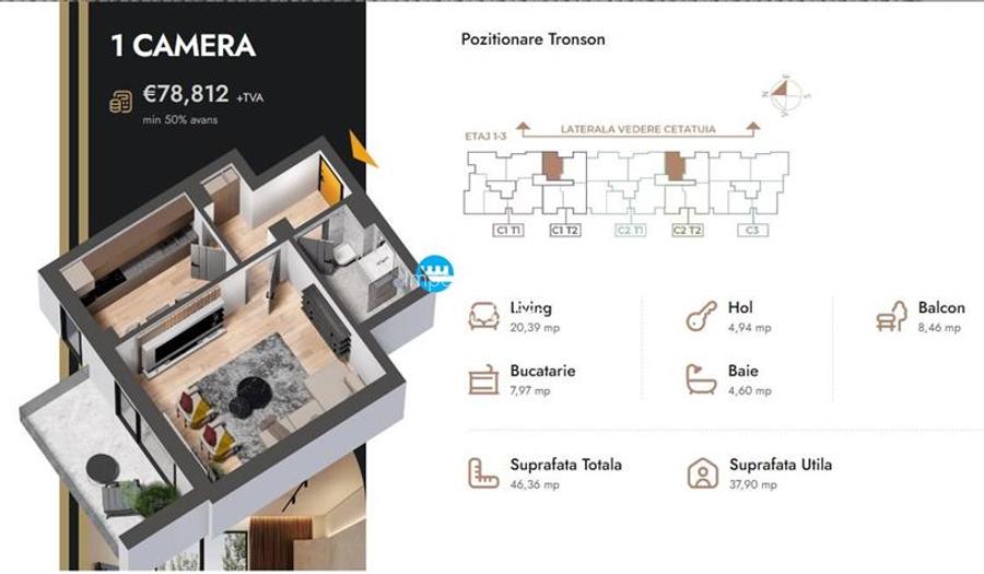 Apartament 1 camera,46.36 mp,bloc nou,zona Nicolina Selgros - 2