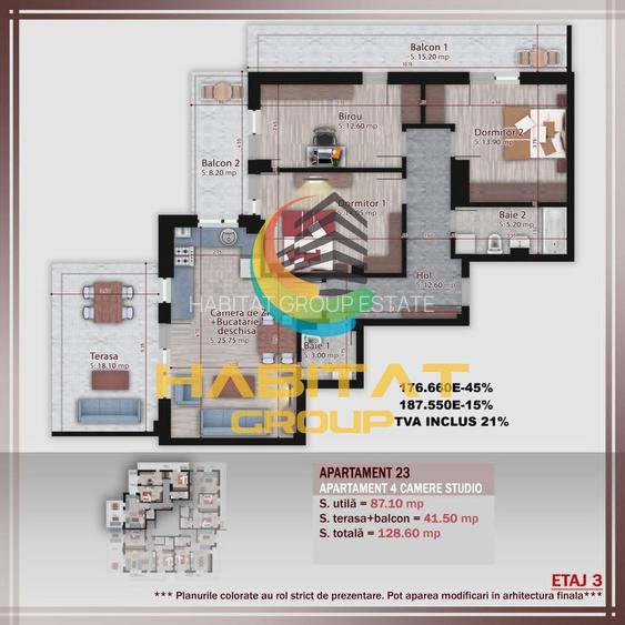 Pallady 4 camere 87 mp + terasa 42 mp in bloc tip Boutique - 2