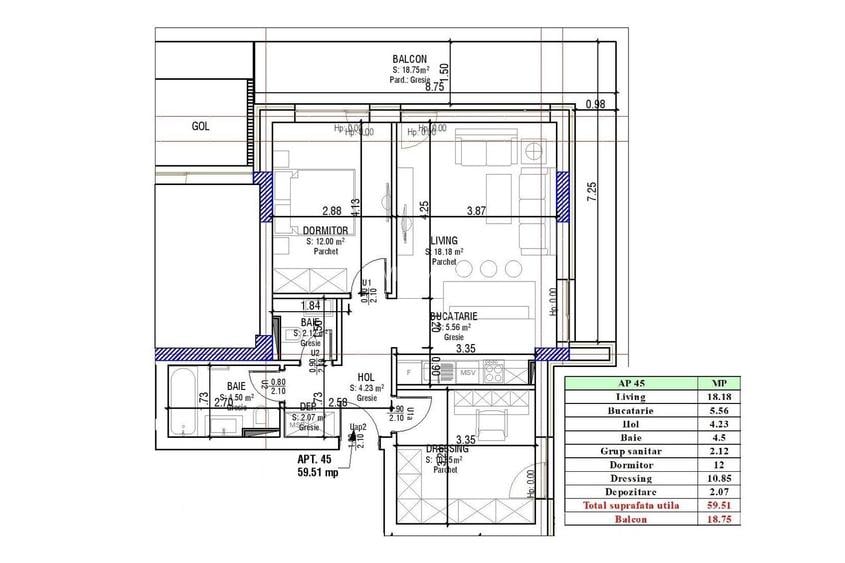 Apartament 2.5 Camere Sala Polivalentă | 59 mp Util + 18 mp Balcon - 1